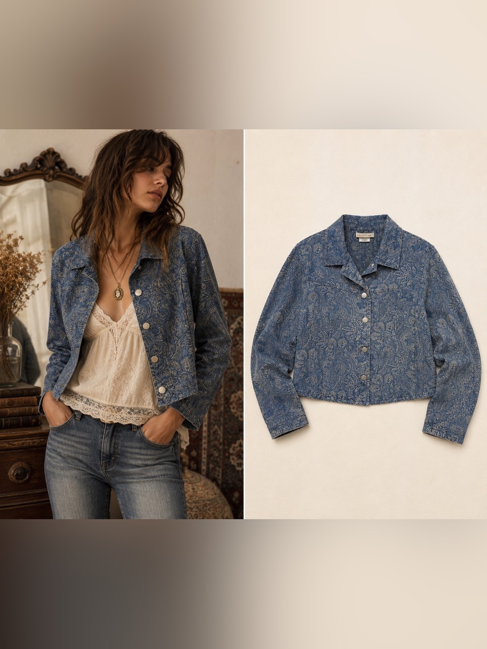 Gotcha Covered Paisley Denim Jacket Blue Cropped Size M Boho Vintage Indie Folk